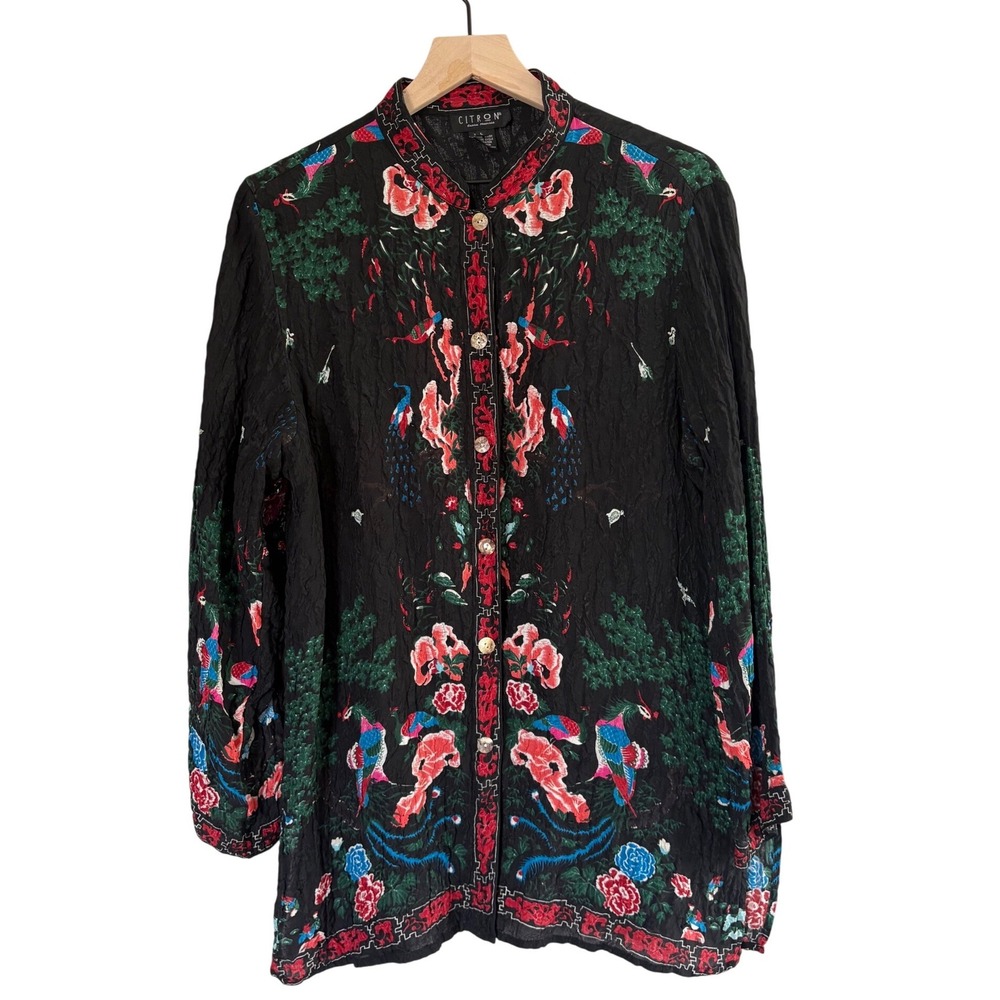 Citron Santa Monica 100% Silk Crinkle Peacock Floral Button Down Blouse Black Lg